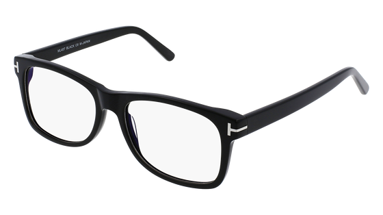 Black modern-retro eyeglasses with silver detailing at the temples