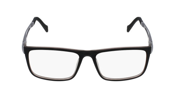 Top view of a pair of black and grey rectangular men's glasses made of stainless steel and plastic