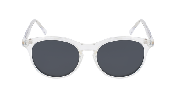 Round Friday Frames eyeglasses with a clear plastic frame and magnetic sunglasses clip