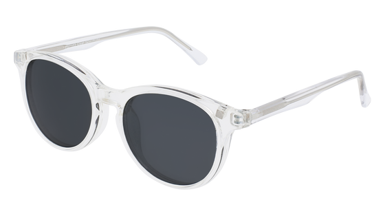 Round Friday Frames eyeglasses with a clear plastic frame and magnetic sunglasses clip