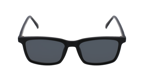 Black eyeglasses with rectangular frames and a detachable magnetic sunglasses clip