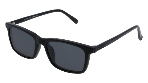 Black eyeglasses with rectangular frames and a detachable magnetic sunglasses clip