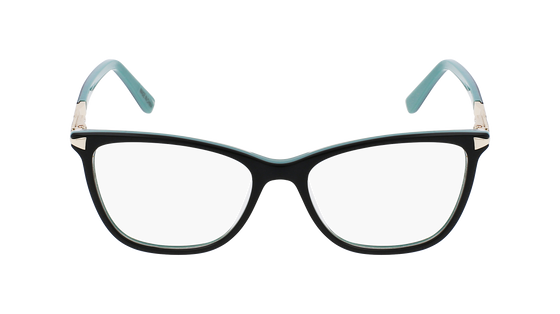 Friday Frames eyeglasses with a plastic black outer frame and light blue inner frame