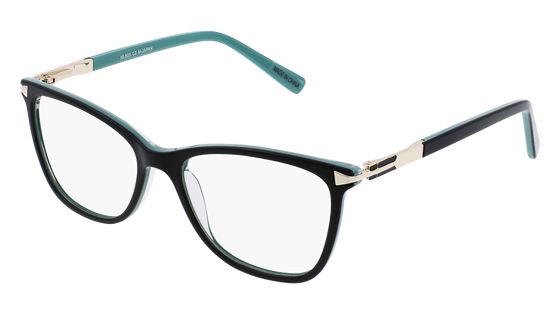 Friday Frames eyeglasses with a plastic black outer frame and light blue inner frame