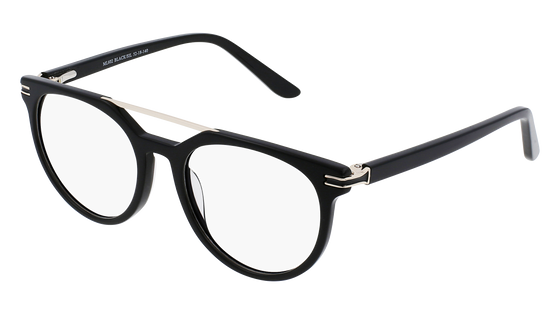 Friday Frames brand glasses with round lenses, black plastic frames and a silver top bar 