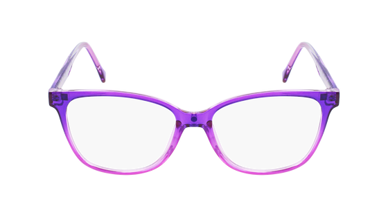 Eyeglasses with a purple and pink plastic frame and magnetic sunglasses clip