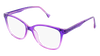 Eyeglasses with a purple and pink plastic frame and magnetic sunglasses clip