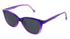 Eyeglasses with a purple and pink plastic frame and magnetic sunglasses clip