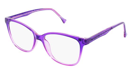 Eyeglasses with a purple and pink plastic frame and magnetic sunglasses clip