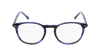 A pair of blue and black eyeglasses with circular lenses