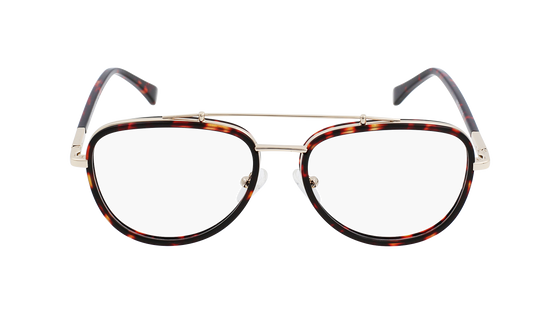 Friday Frames brand eyeglasses in tortoiseshell with a silver top bar and large round lenses